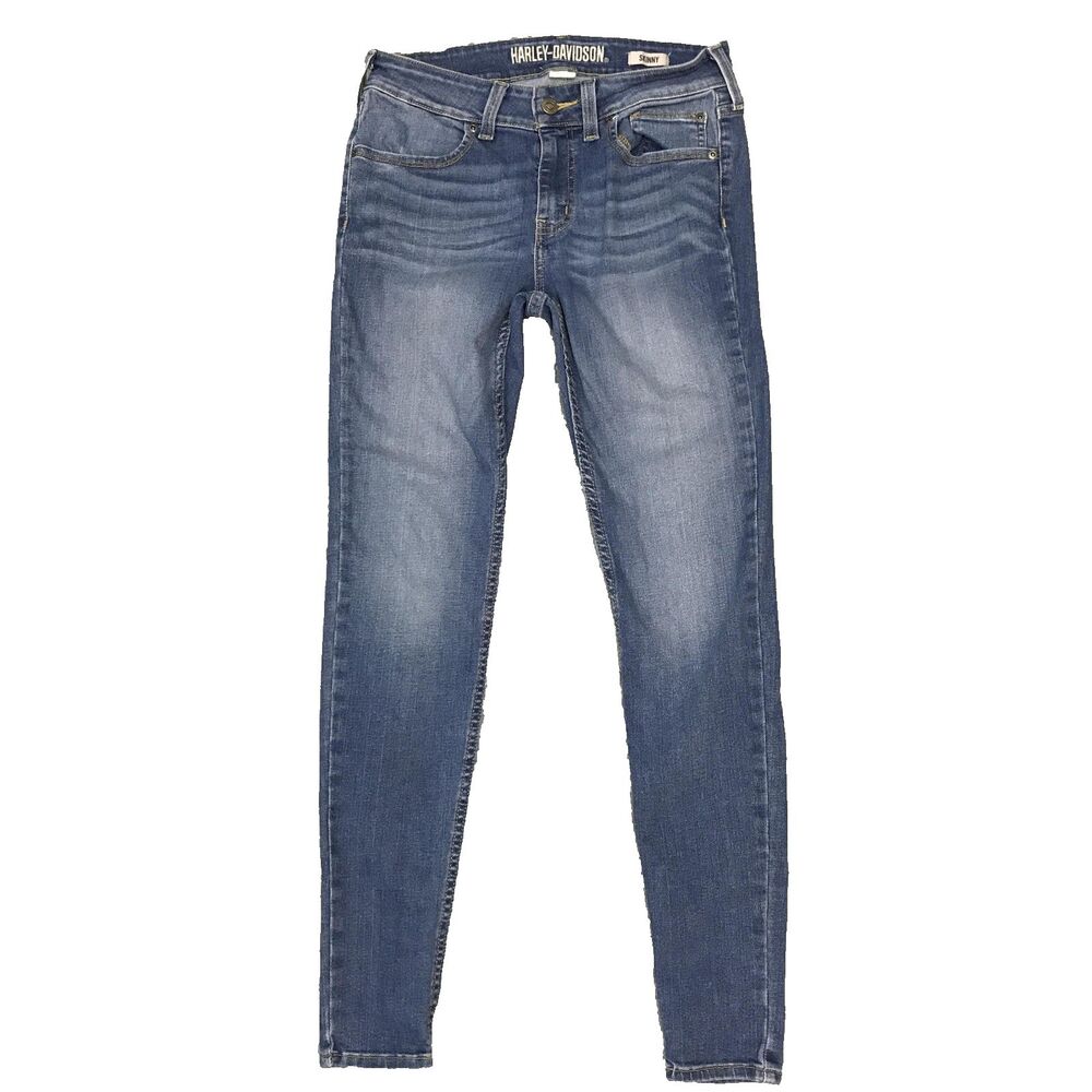 Harley-Davidson Jeans Womens 28 Blue Skinny Denim Zip Fly Logo Patch Motorcycle